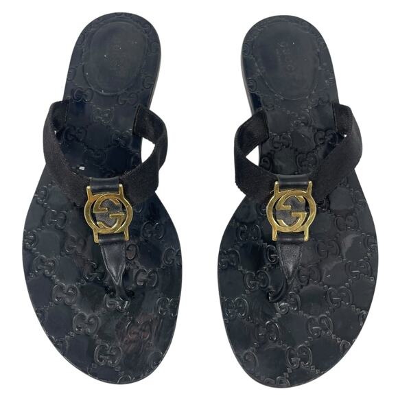 Gucci Interlocking GG Logo Thong Sandal Slide Black Gold Size 41 - Picture 1 of 12